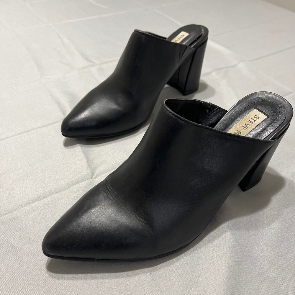 Steve Madden Adison Mules‎ Womens 7.5 Black Leather upper Pointed Toe Block Heel
